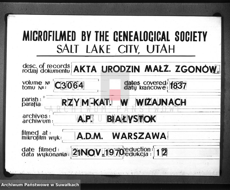 image.from.unit.number "Księga duplikat urodzenia, małżeństw i zejscia parafii wiżayńskiey z roku 1837"