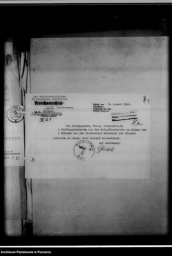 Obraz 13 z jednostki "[Korespondencja w sprawie przekazywania ksiąg kościelnych z Gausippenamt w Poznaniu do Reichsarchiv w Poznaniu]"