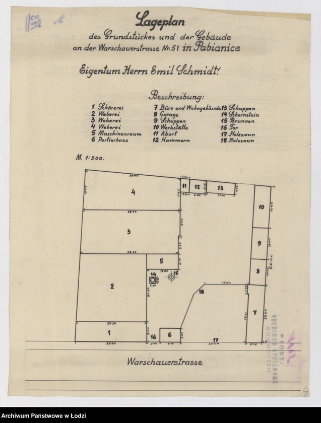 Obraz 1 z jednostki "Lageplan des Grundstückes und der Gebäude an der Warschauerstraße Nr 51 in Pabianice. Eigentum Herrn Emil Schmidt"