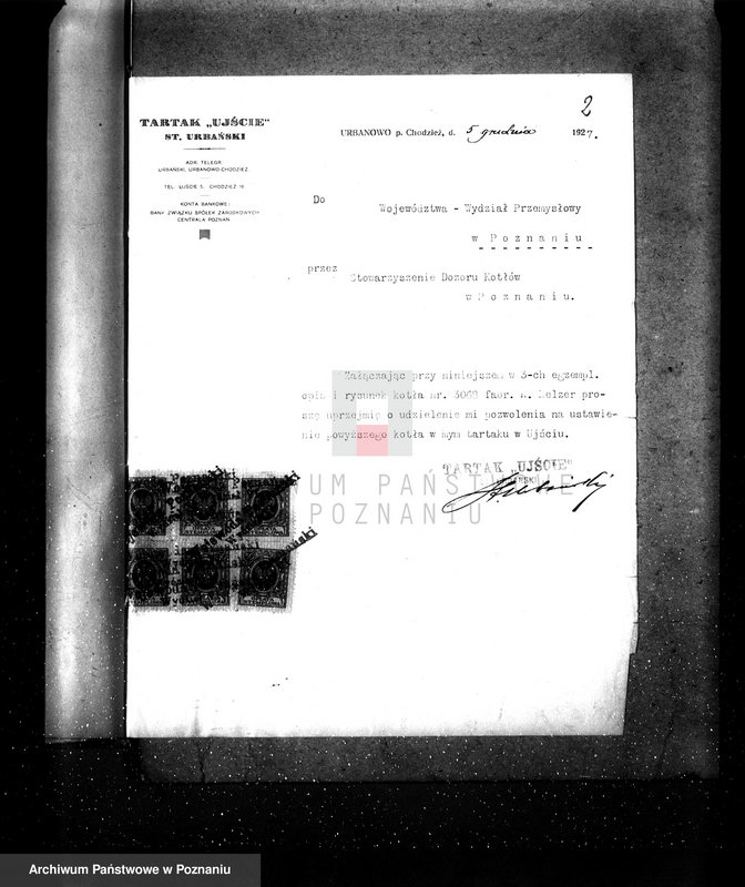 Obraz 6 z jednostki "Tartak i fabryka wyrobów z drzewa St. Urbański Urbanowo pow chodzieski nadzór nad kotłem parowym nr fabr. 3060"