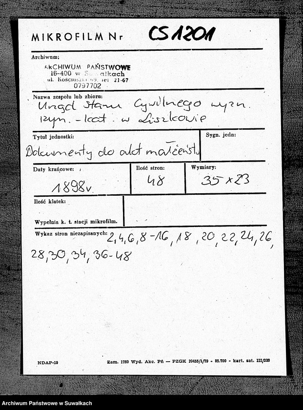 Obraz 2 z jednostki "Dokumenty k aktam brakošočetavšichsja Liškovskago Rimsko- katoličeskago Prichoda za 1898 god"