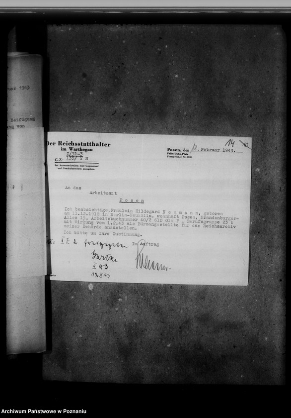Obraz 18 z jednostki "Personalakten der Angestellten im Reichsarchiv - Posen, Hildegard Neumann"