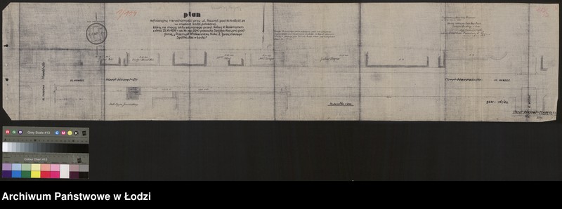 Obraz 1 z jednostki "Plan sytuacyjny nieruchomości przy ulicy Nawrot pod numerami 65, 67, 69 w mieście Łodzi położonej, która na mocy aktu zeznanego przez notariuszem Kazimierzem Rossmanem z dnia 25 VII 1929 roku za numerem repertorium 2910 posiada spółka akcyjna pod firmą "Przemysł Włókienniczy Sukcesorowie Z. Jarocińskiego Spółka Akcyjna w Łodzi""