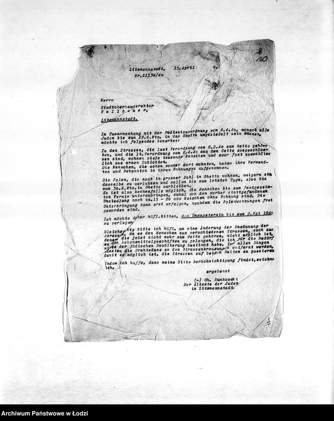 Obraz 12 z jednostki "[Korespondencja PSŻ w sprawie przesiedlenia Żydów do getta, zajmowania mieszkań i publicznych lokali, zamknięcia getta]"