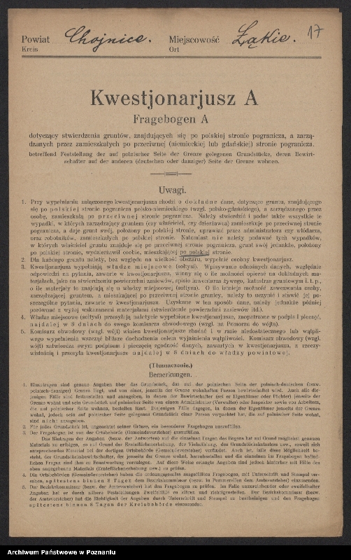 Obraz 15 z jednostki "[Kwestionariusze dotyczące stwierdzenia gruntów znajdujących się po polskiej stronie pogranicza a zarządzanych przez zamieszkałych po stronie niemieckiej] powiat chojnicki"