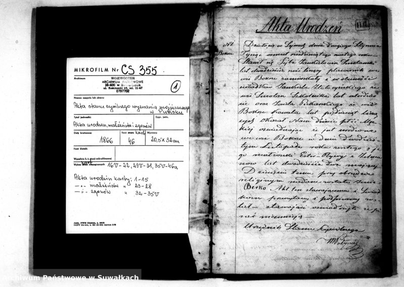 image.from.unit.number "Duplikat Akt Urodzeń, Zaślubień i Zejść Wyznania Mojżeszowego Okręgu Bożniczego Puńsk na 1866 rok."