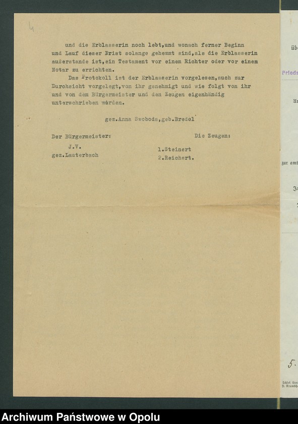 Obraz 8 z jednostki "Verfügung von Todes wegen der Anna Swoboda geb[oren] Bredel aus Friedrichsgrätz gestorben am 28.07.1940 zuletzt wohnhaft in Friedrichsgrätz."