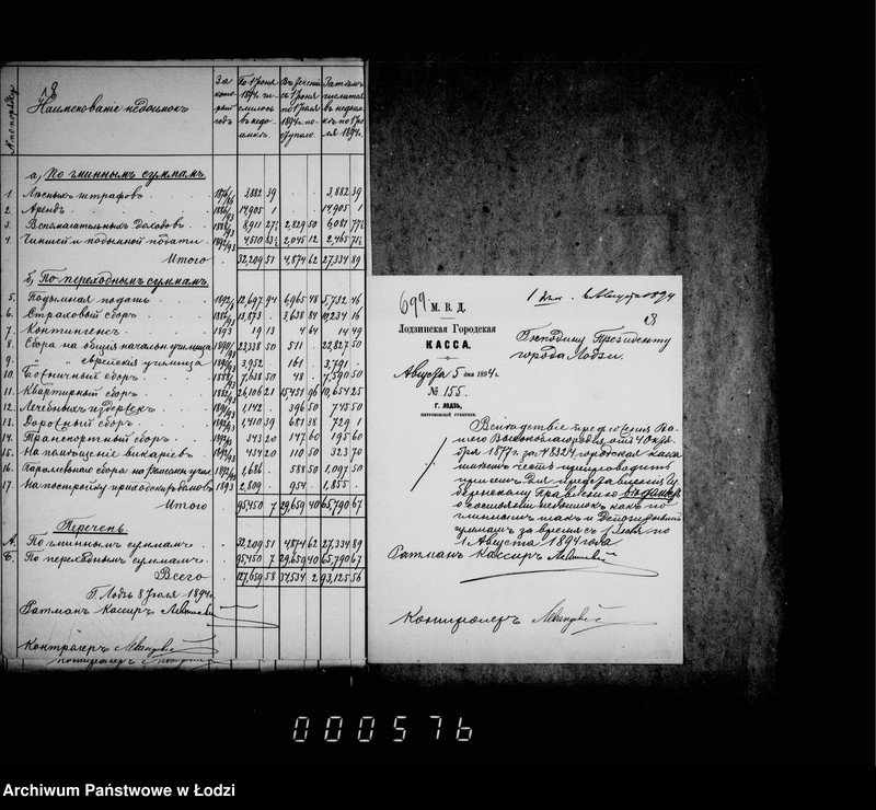 Obraz 17 z jednostki "O nedoimkach po lodzinskoj gorodskoj kasse za 1894 i 1895 gg po uezdnomu kaznačejstvu za pol 1895 g"