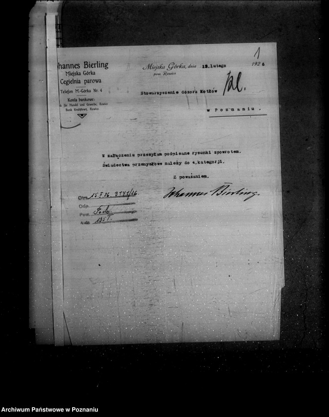 image.from.unit.number "Cegielnia i Fabryka Dachówek J. Bierlinga w Miejskiej Górce powiat rawicki nr woj. kotła 5912"