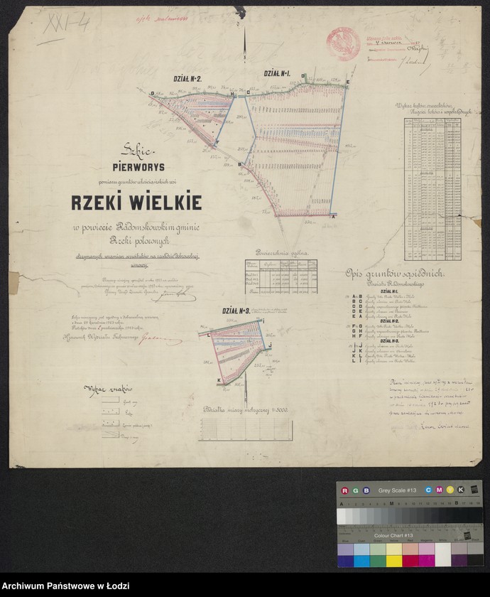 Obraz 1 z jednostki "Szkic pierworysu pomiaru gruntów włościańskich wsi Rzeki Wielkie w powiecie radomskowskim gminie Rzeki położonych otrzymanych w zamian serwitutów na zasadzie dobrowolnej umowy"