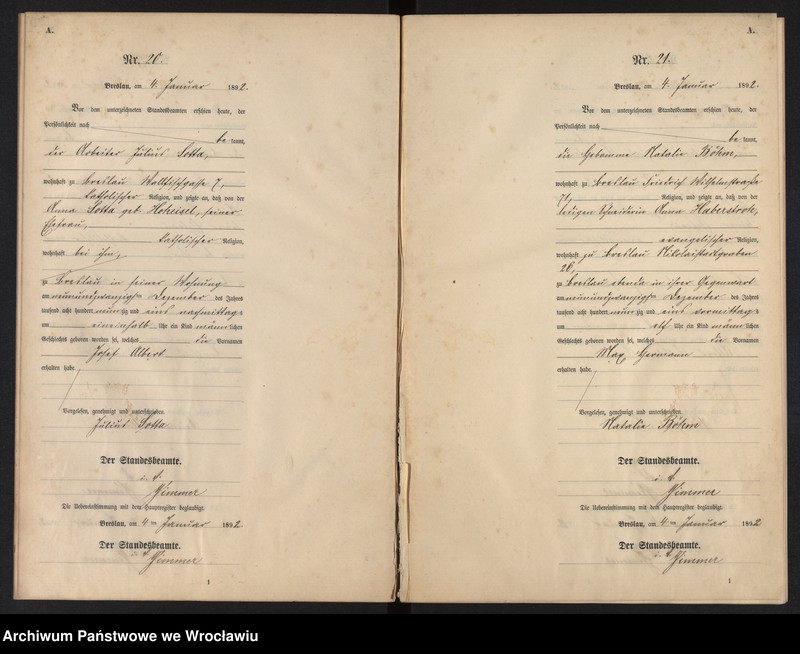 image.from.unit.number "Geburts-Neben-Register Breslau I 1892 Band 1"