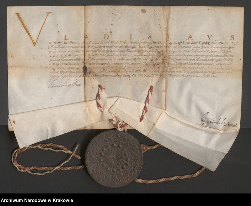 image.from.unit "Władysław IV, król polski, wielki książę litewski ... (etc.), daje szlachectwo Konradowi Fihauser, dziedzicowi w Mijaczowie, za jego zasługi, tytuł"