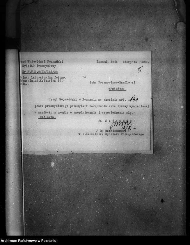 Obraz 9 z jednostki "Zatwierdzenie projektu zakładu przemysłowego /laboratorium do obróbki filmów acetylocelulozowych/ M. Wejman Poznań ul. Kościelna 17"