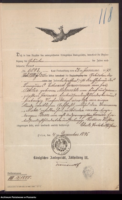 Obraz 17 z jednostki "Die von den Verlobten beigebrachten Urkunden zur Eheschliessung pro 1896"