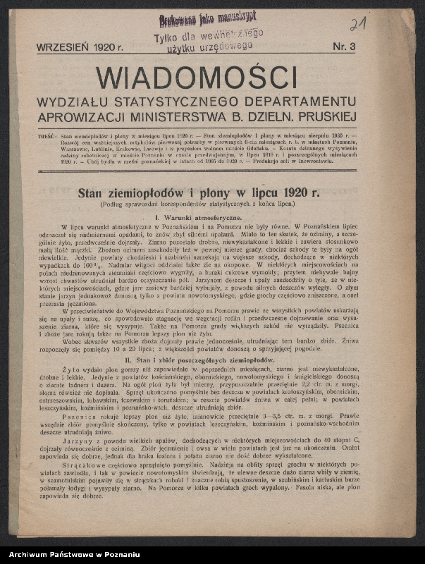 Obraz 14 z jednostki "[Biuletyny statystyczne Wydziału Statystycznego Ministerstwa byłej Dzielnicy Pruskiej - stan ziemiopłodów w kwietniu, maju i lipcu 1920 roku oraz ceny maksymalne na artykuły żywnościowe]"
