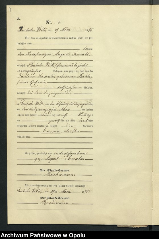 Obraz 8 z jednostki "Geburts-Neben-Register des Standesamts Deutsch Wette pro 1898"