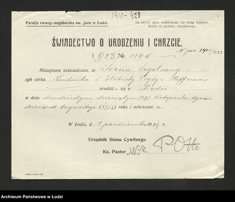 Obraz 6 z jednostki "Dowody metrykalne stałych mieszkańców m. Łodzi nr domu 1410-1411"