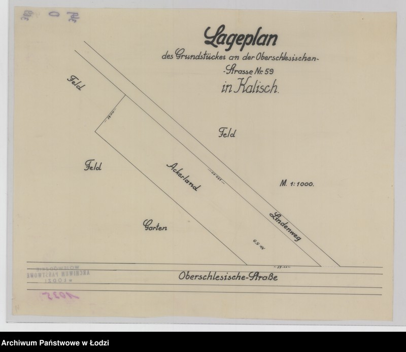 Obraz 1 z jednostki "Lageplan des Grundstückes an der Oberschlesischen Straße Nr 42 in Litzmannstadt"