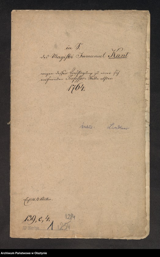 image.from.unit.number "In S. [Sachen] des Magistri Immanuel Kant wegen dessen Vorschlagung zu einer sich eröfnenden Professor=Stelle alhier"