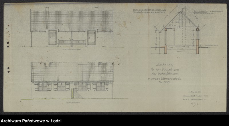 Obraz 3 z jednostki "Zeichnung für ein Behelfsheim im Kreise Litzmannstadt. Zeichnung für ein Doppelhaus der Behelfsheime. Fussbodenausbildung der"