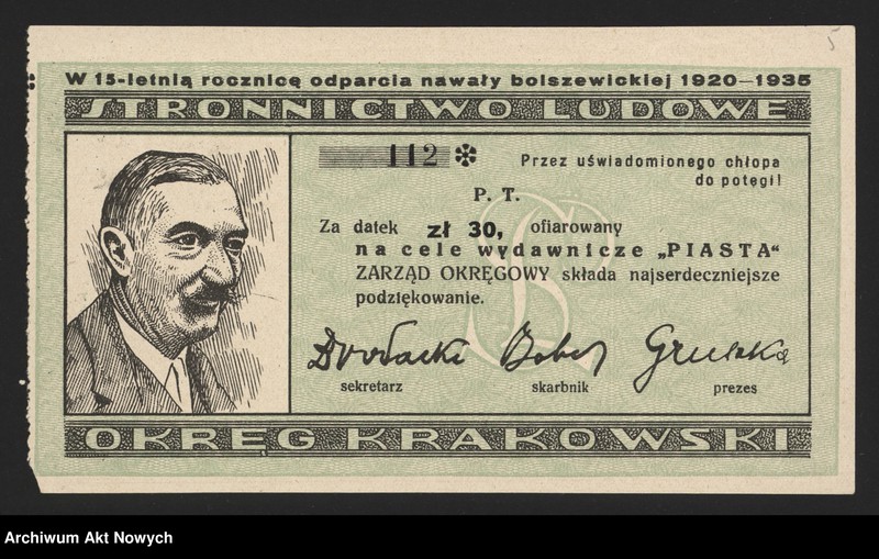 image.from.unit.number "Stronnictwo Ludowe, władze naczelne i okręgowe w Krakowie. Rezolucje, biuletyn strajkowy, materiał, wycinek prasowy"