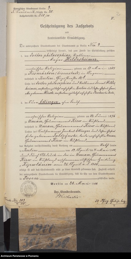 Obraz 4 z jednostki "Die von den Verlobten beigebrachten Urkunden zur Eheschliessung pro 1900"