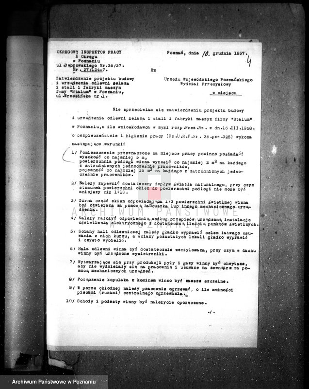 Obraz 8 z jednostki "Zatwierdzenie projektu budowy i urządzenia zakładu przemysłowego nr rej 1503 /odlewy żeliwne lano-kute i budowa maszyn przemysłowych/ Poznań ul. Wrzesińska/ Oraz Fabryka maszyn firmy „Stalum""