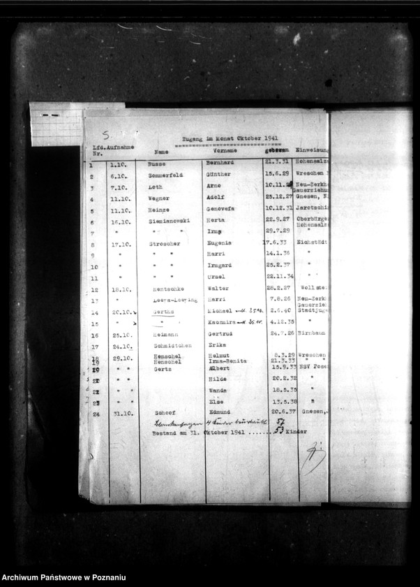 Obraz 10 z jednostki "Monatliche Zu- und Abgänge [Miesięczne zestawienia przybyłych i zwolnionych dzieci]."