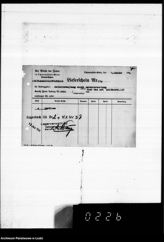 Obraz 11 z jednostki "Warenverwertung an den Ältesten der Juden 4 kompl.Gardinen [oraz konfekcji]"