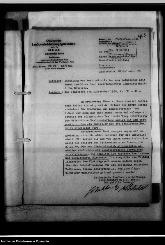 Obraz 9 z jednostki "Forderung gegen den Reichskommisar für die Fertigung deutschen Volkstums [Grundstück Schönfelde, Kreis Gnesen Bl. Nr.32]."