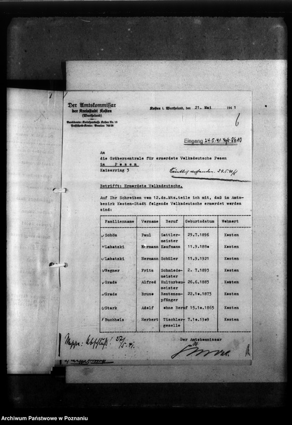Obraz 10 z jednostki "Kreis Kosten (Kościan). Zgłoszenia zmarłych i zaginionych miejscowych Niemców w 1939 roku"