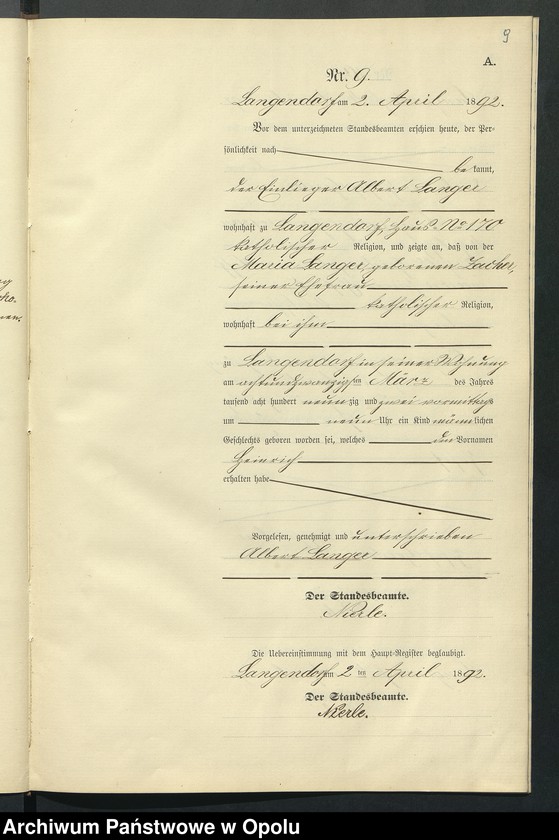 Obraz 13 z jednostki "Geburts-Neben-Register des Standesamts Langendorf pro 1892"