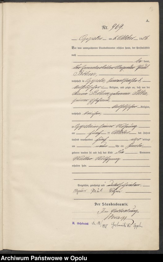 Obraz 17 z jednostki "Urząd Stanu Cywilnego w Opolu 1905 Rejestr Urodzeń miejscowa Nr 958 do 1287"