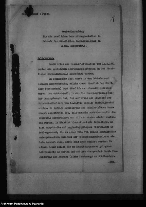 Obraz 5 z jednostki "Kostenüberschlag für Instandsetzungsarbeiten im Gebäude der Staatlichen Ingenieurschule, Posen, Bergerstr. 5."
