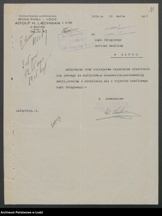 Obraz 13 z jednostki "Adolf Hugon Lachman i S-ka- komunikacja autobusowa Łódź- Ruda Pabianicka"