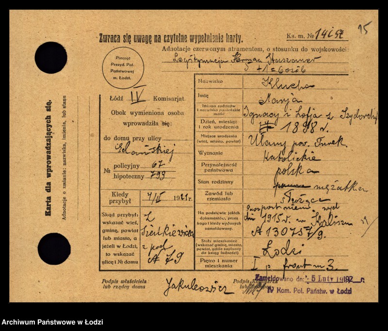 Obraz 17 z jednostki "[Spis ludności Łodzi] Kluka - Kmieć"