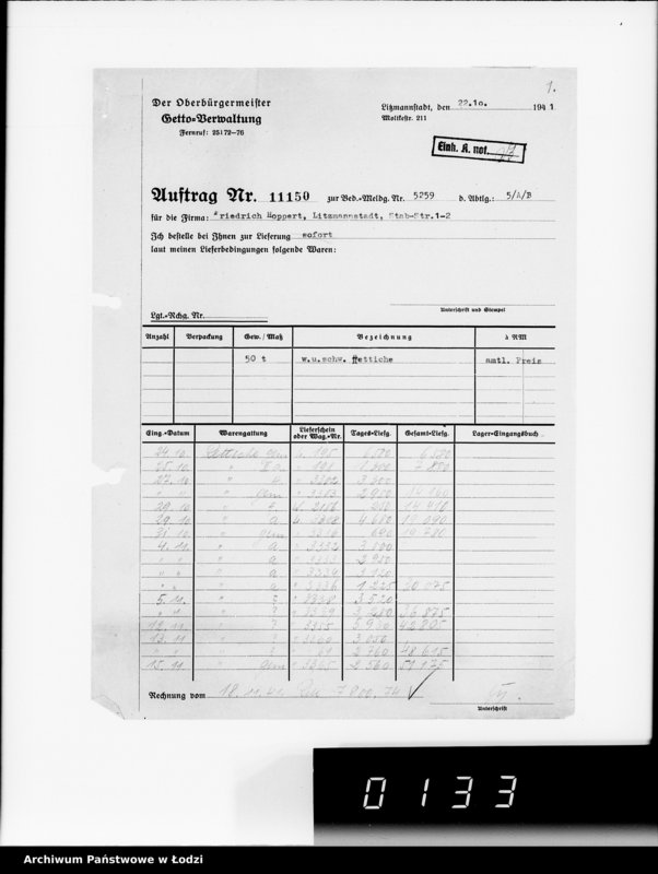 Obraz 5 z jednostki "Aufträge [Lieferscheinen und Rechnungen] 11100-11150 Lebensmitteleinkauf 5/Mü [Zapotrzebowania, zlecenia, rachunki, dowody dostawy na art.spoż.dla Getta]"