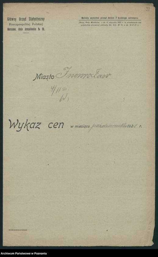 Obraz 19 z jednostki "[Wykazy cen rynkowych artykułów spożywczych w poszczególnych miastach Województwa Poznańskiego za miesiąc październik 1921 roku]"