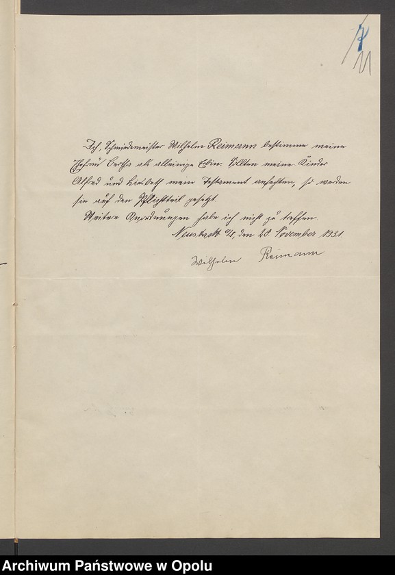 Obraz 14 z jednostki "Verfügung von Todes wegen des Schmiedemeisters Wilhelm Reimann in Neustadt"