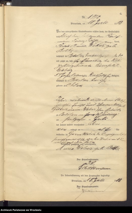 image.from.unit.number "Sterbe Neben Register Standesamt Breslau III 1903 Band 6"