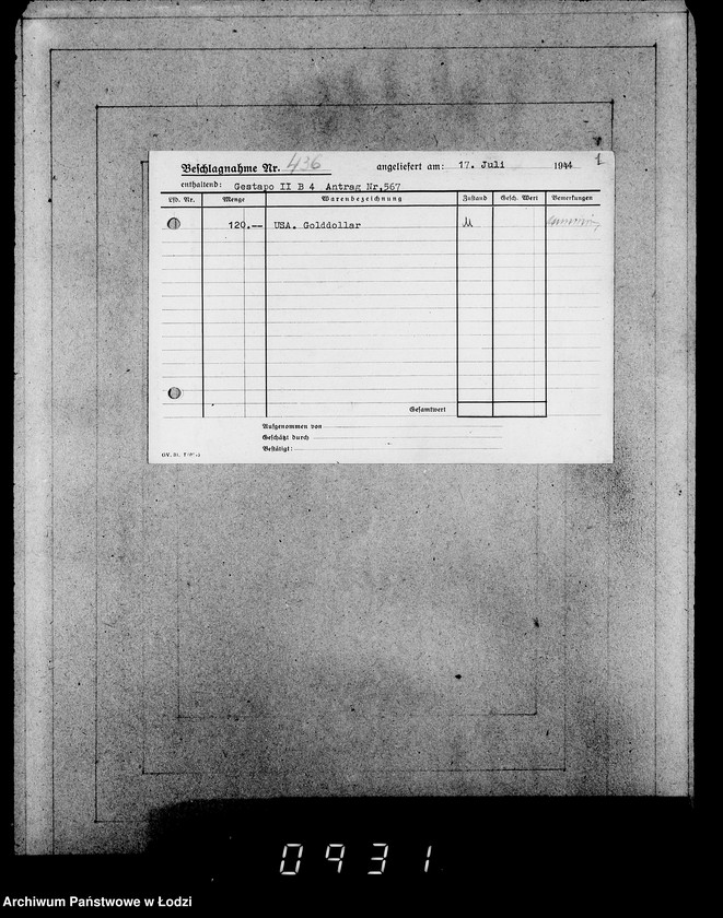 Obraz 5 z jednostki "Gestapo Kulmhof Leslau 400-436 [Kartoteka skonfiskowanego majątku ruchomego u Żydów]"
