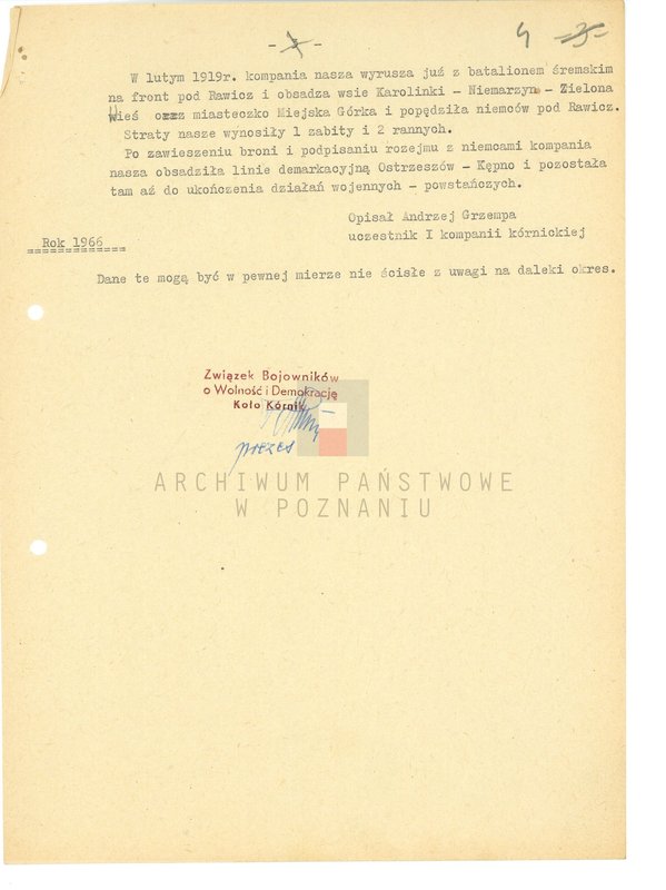 Obraz 12 z jednostki "Relacje i wspomnienia dotyczące powstania wielkopolskiego na terenie Kórnika - Bnina, powiat Śrem, województwo poznańskie."