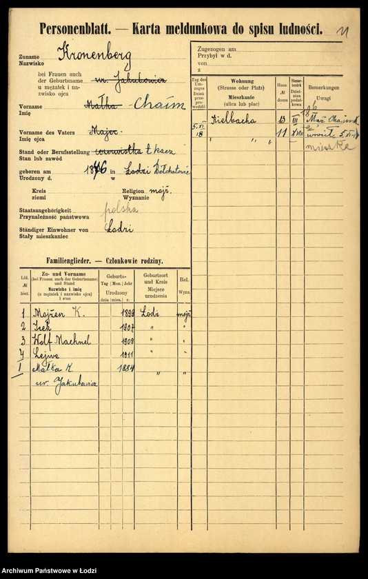 Obraz 13 z jednostki "[Spis ludności Łodzi] Kronenberg - Krugman"