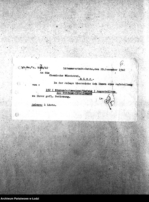 Obraz 9 z jednostki "[Korespondencja wychodząca i przychodząca z wydziałami getta, z niemieckimi urzędami i innymi gettami żydowskimi. Sprawy personalne, meldunkowe mieszkańców getta. Sprawy wewnętrzne Wydziałów Ewidencji]"