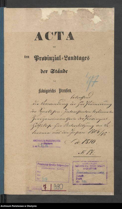 image.from.unit.number "Acta des [19] Provinzial-Landtages der Stände des Königreichs Preußen betreffend die Verwendung der zur Prämiirung der Sparkassen- Interessenten bstimmten Zinsgewinnantheile der Provinzial-Hilfskasse zur Unterstützung von Veteranen aus den Jahren 1806/18015"