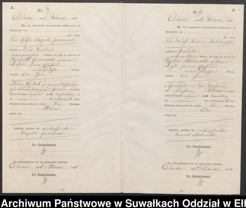image.from.unit.number "Geburts-Neben-Register des Preussischen Standes-Amtes Orlowen Kreis Loetzen für das Jahr 1890"