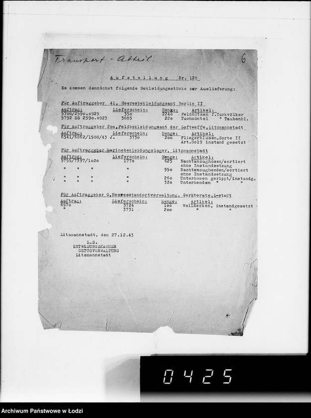 Obraz 10 z jednostki "Aufstellungen. Es kommen demnächst folgende Bekleidungsstücke zur Auslieferung"
