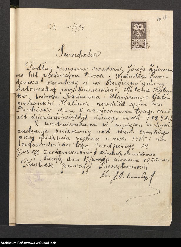 Obraz 18 z jednostki "Aneksa Do aktów zaślubionych r.kat. parafji Puńsk z r. 1922"