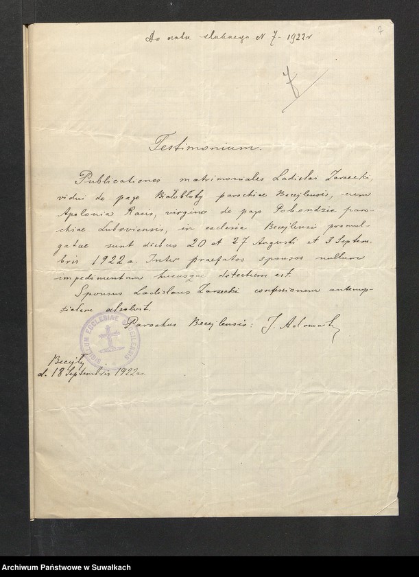 image.from.unit.number "Dokumenta so aktów ślubnych parafji Smolnickiej za 1922 rok"