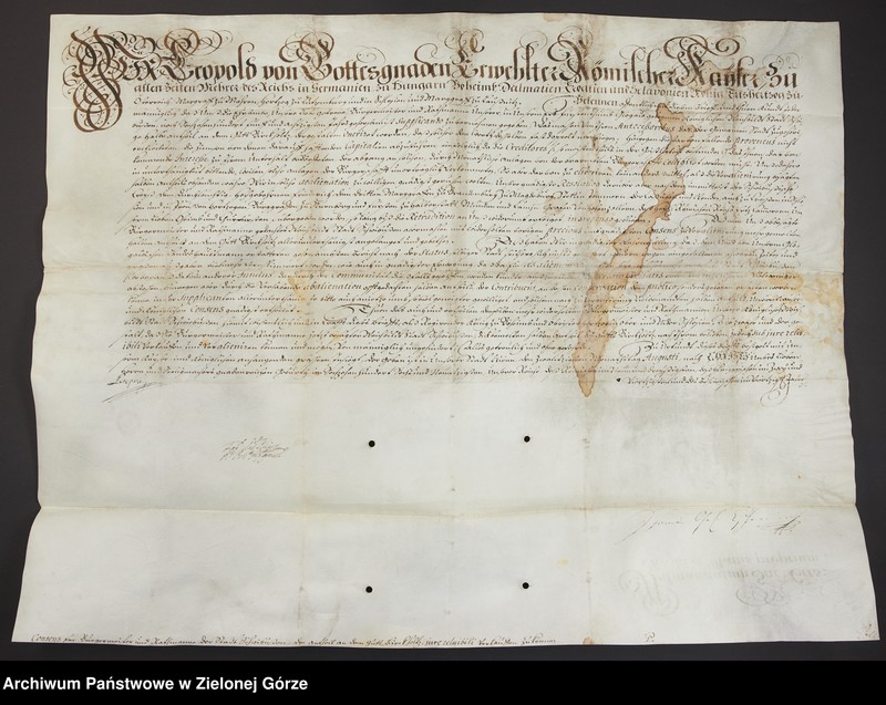 image.from.unit.number "Leopold I, cesarz rzymski narodu niemieckiego, pozwala miastu Świebodzin sprzedać połowę swego udziału w dobrach Birkholtz, tak zwane iure reluibili"